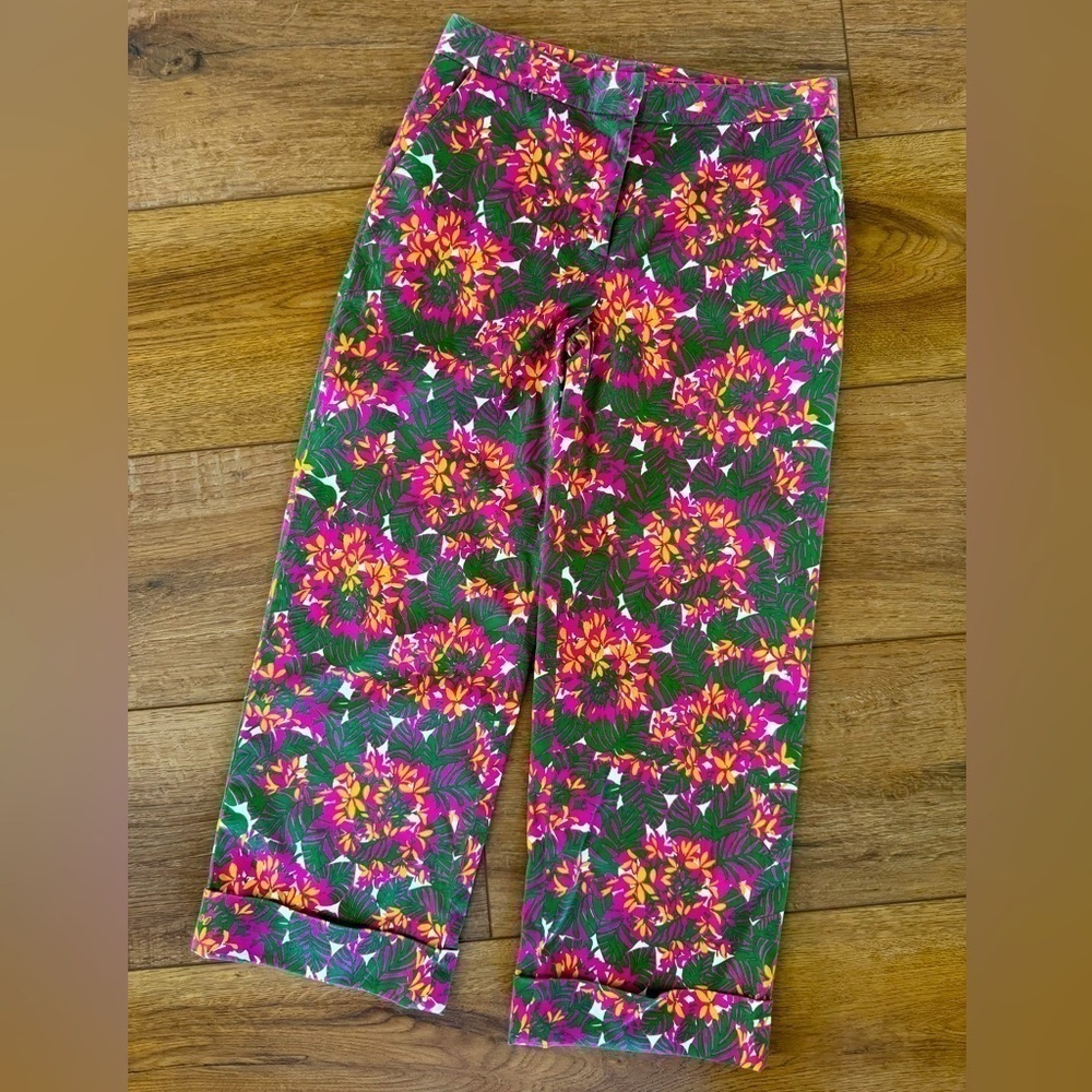 Tibi Floral Print Flat Front Cuffed Ankle Pant / Cotton/Spandex / 2